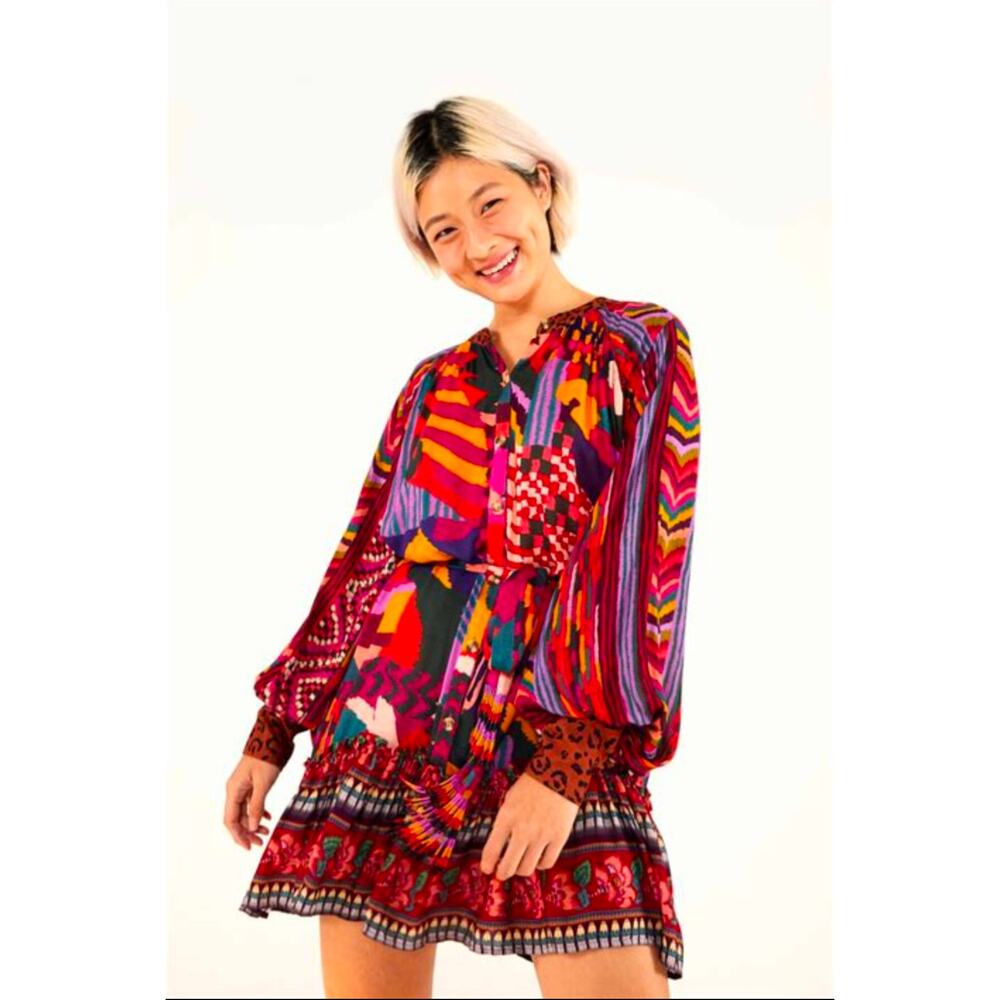 Farm Rio Mixed Abstract Patches Mini Dress – Size XL (No Belt)